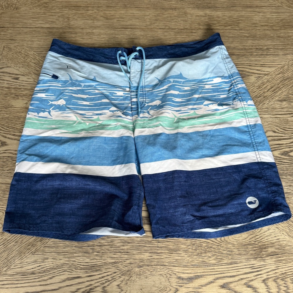 Vineyard Vines Mens Blue Marlin Shark Stripe Board Shorts Swim Trunks Size 36